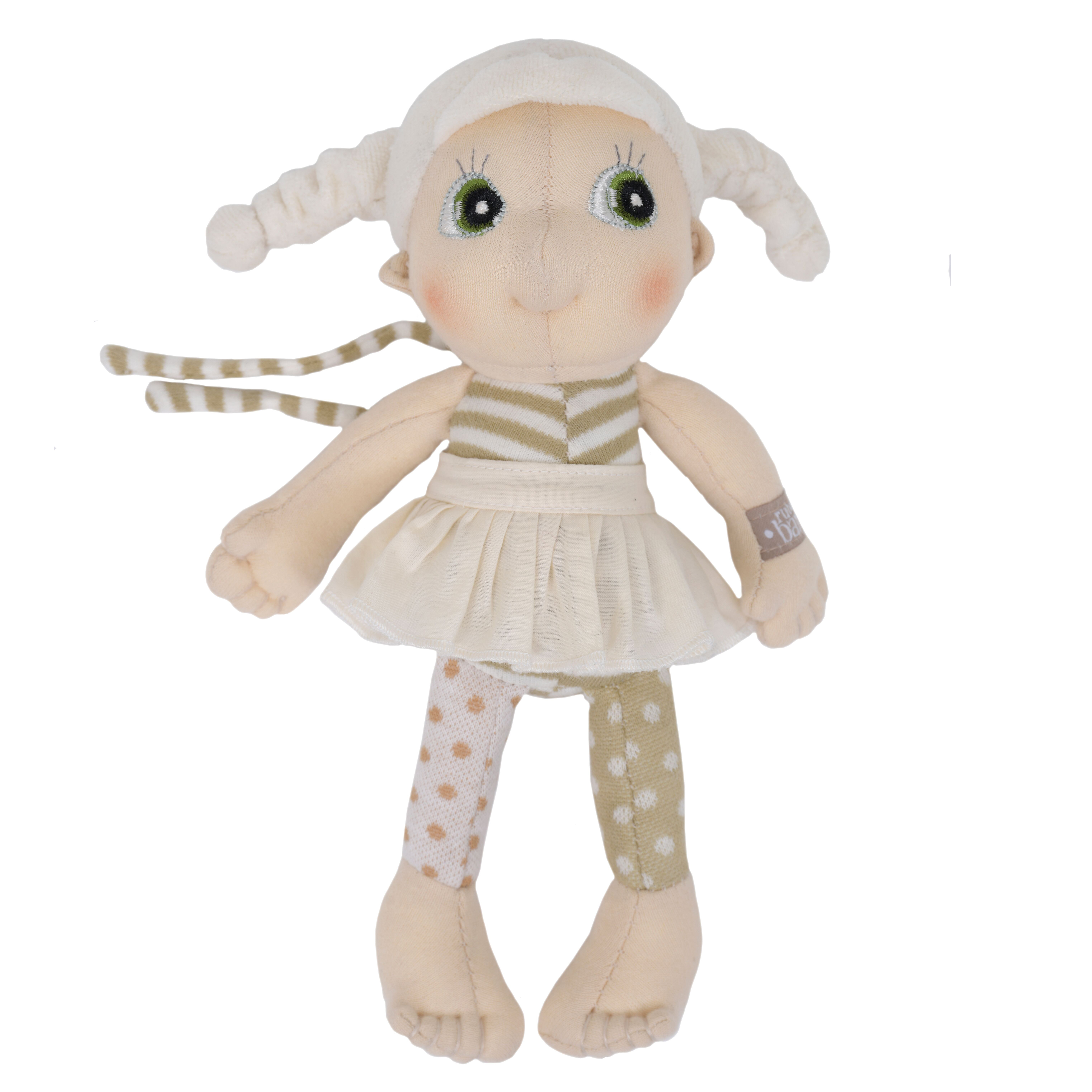 Rubens EcoBuds Mini-Puppe Lily mit hellen Zöpfchen, Streifen-Top und weißem Röckchen