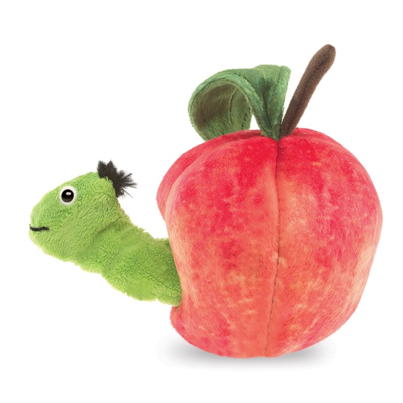 Folkmanis finger puppet green worm peeking out of a red plush apple with a green leaf and brown stem