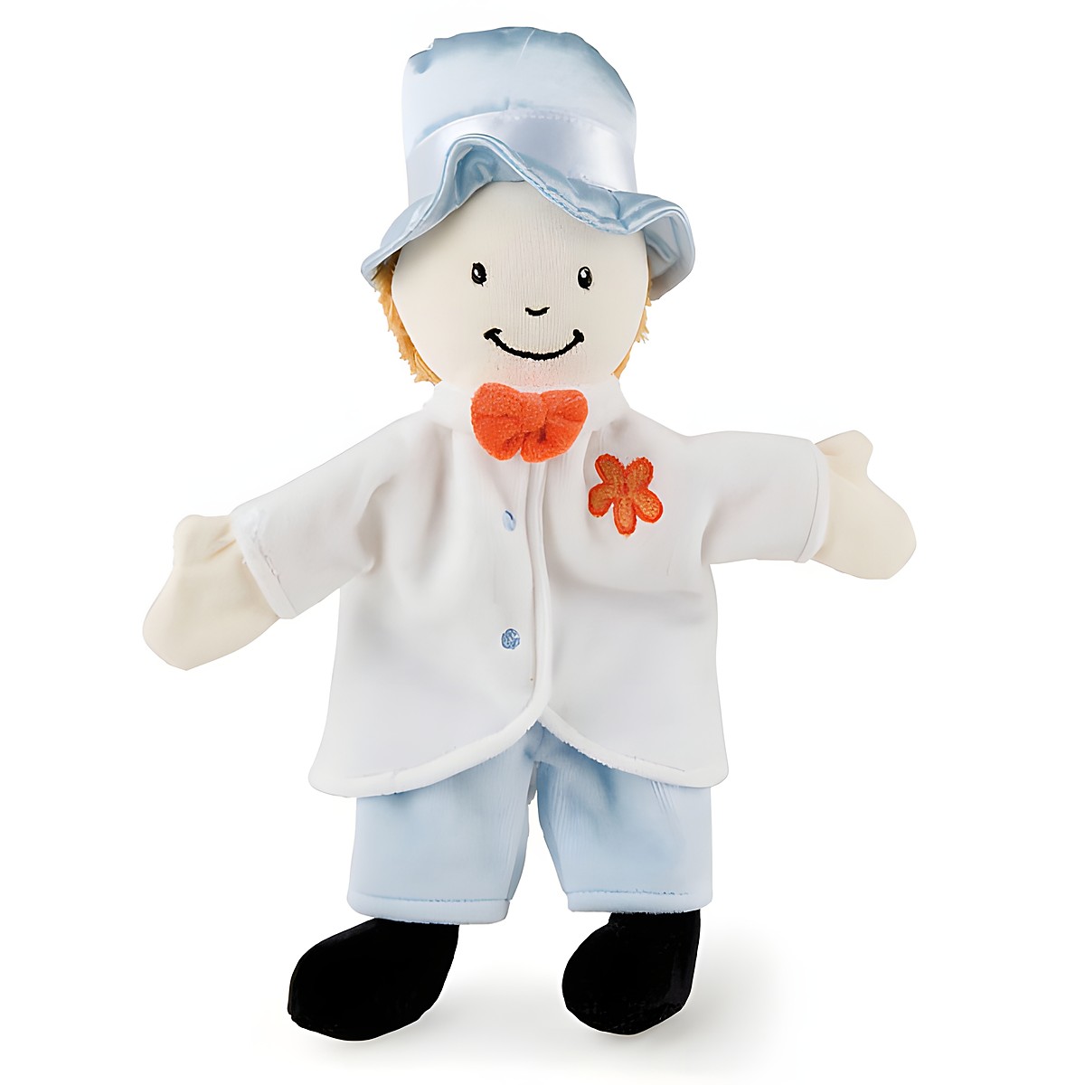 Egmont Toys Handpuppe Braeutigam, weisser Anzug mit oranger Fliege und Bluete, hellblauer Zylinder und Hose