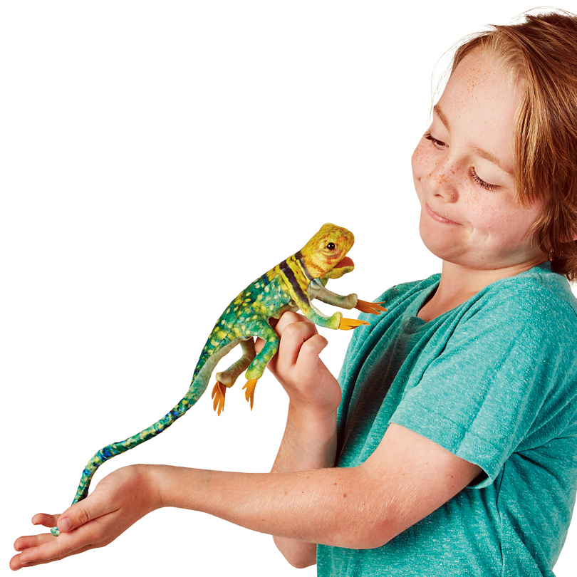 Folkmanis Fingerpuppe mini Halsbandleguan in Grün-Gelb auf dem Finger eines Kindes, langes Plüsch-Schwänzchen hängt über den Arm