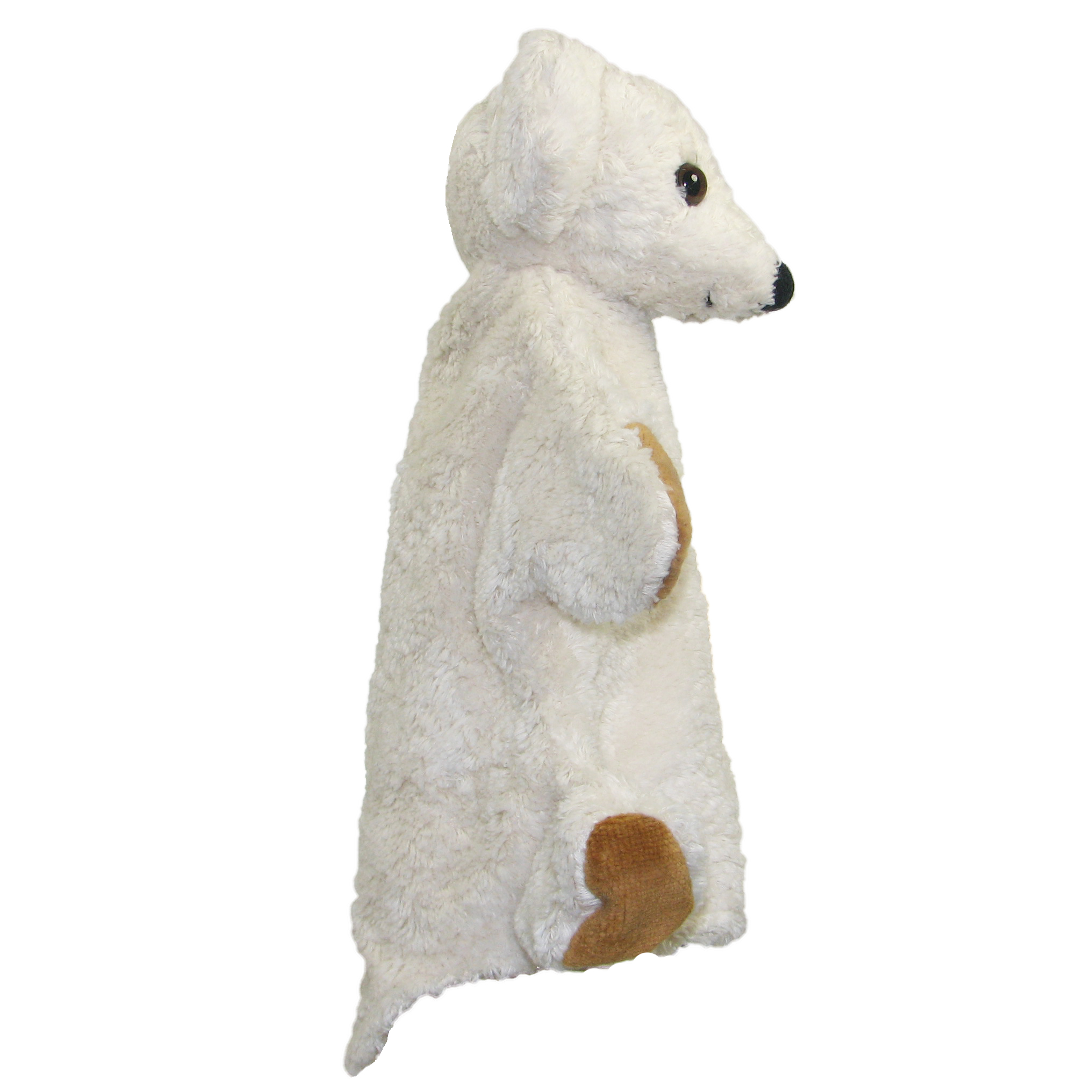 Kallisto Handpuppe Bär weiß, Seitenansicht mit brauner Pfote und weißem Fell