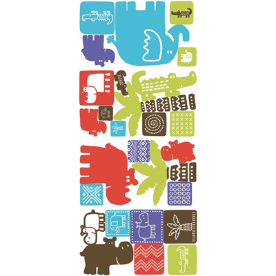RoomMates Wandsticker Safari Blocks, vier Klebebögen mit grafischen Safaritier- und Palmenmotiven sowie gemusterten Bild-Kacheln auf weißem Untergrund