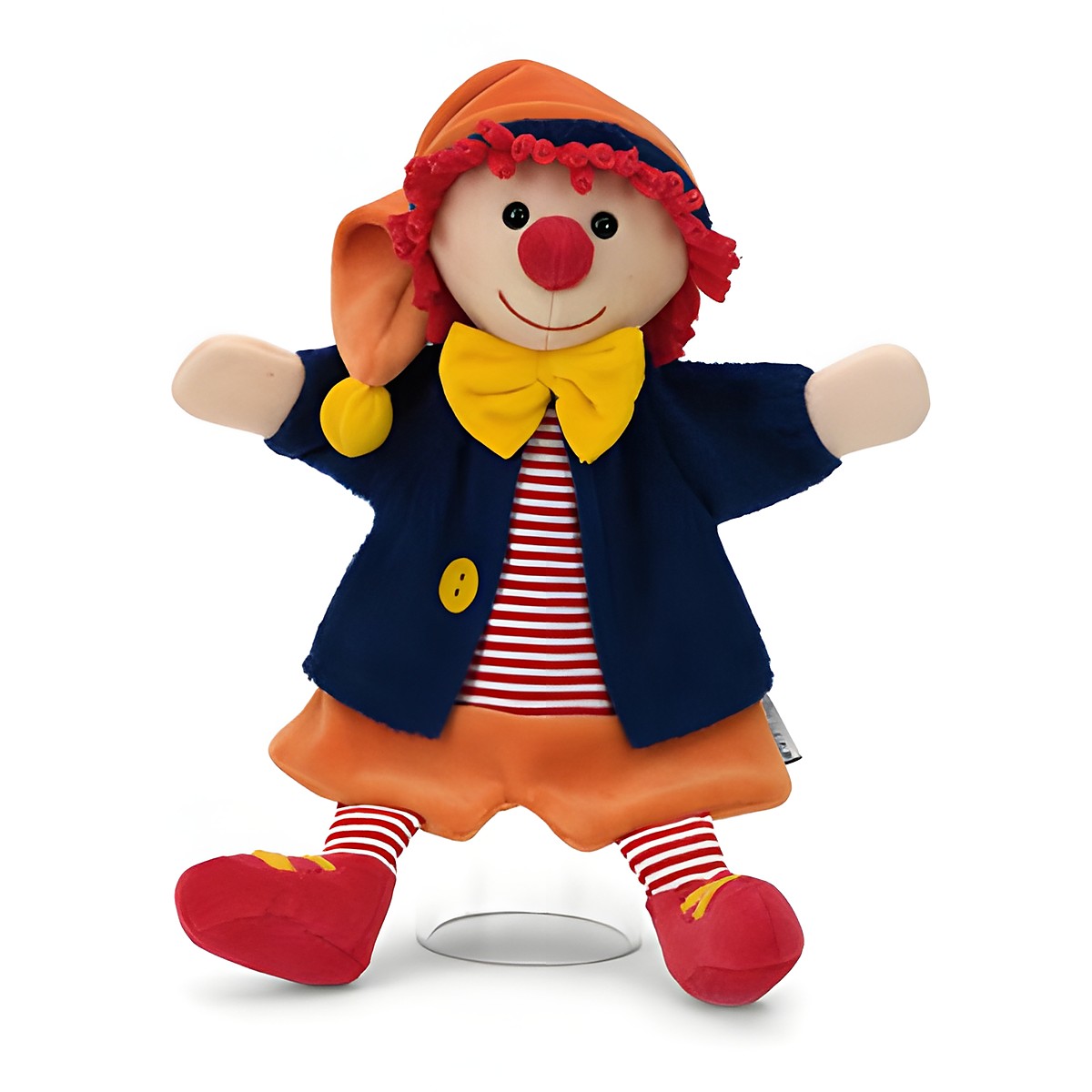 Sterntaler Baby-Handpuppe Clown, orangefarbene Zipfelmütze, rote Nase, gelbe Fliege und dunkelblaue Jacke