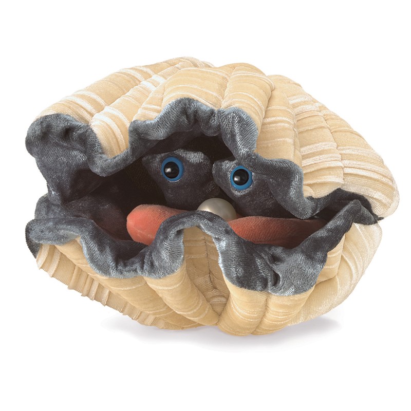 Folkmanis Handpuppe große Muschel mit grauem Weichkörper, blauen Augen und weißer Perle in geöffneter beiger Schale