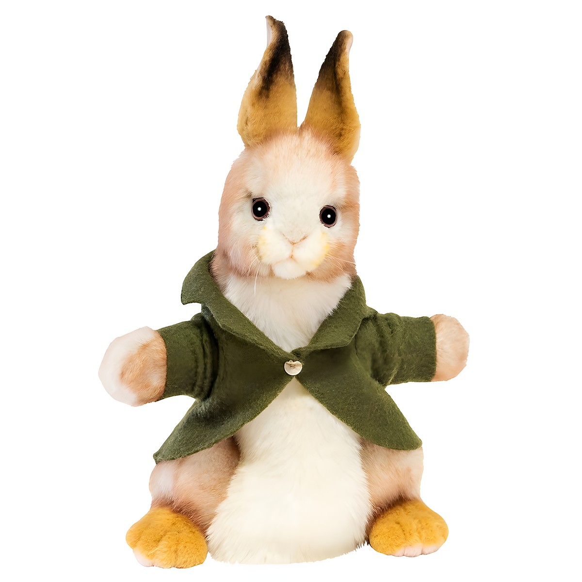 Kaninchen Handpuppe von Hansa Creation in grüner Jacke, mit beige-weißem Fell und aufgestellten Ohren