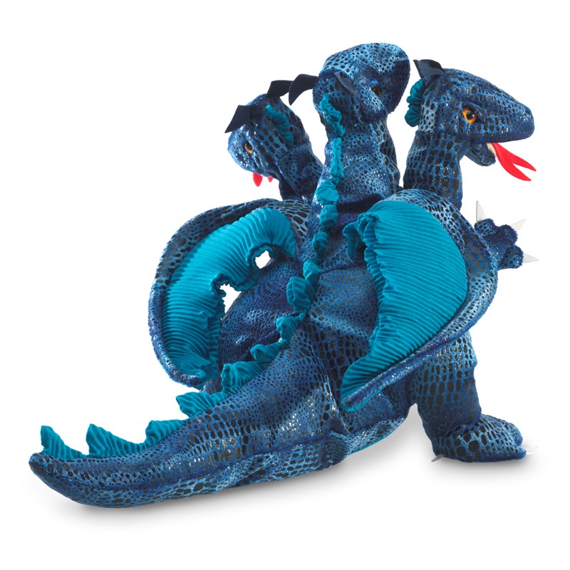 Folkmanis hand puppet blue three-headed dragon with scaly pattern, red tongues and a curled tail, side view