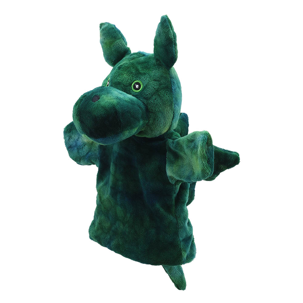 The Puppet Company Baby-Handpuppe Grüner Drache, Seitenansicht mit sichtbarem Flügel und langem Kopf