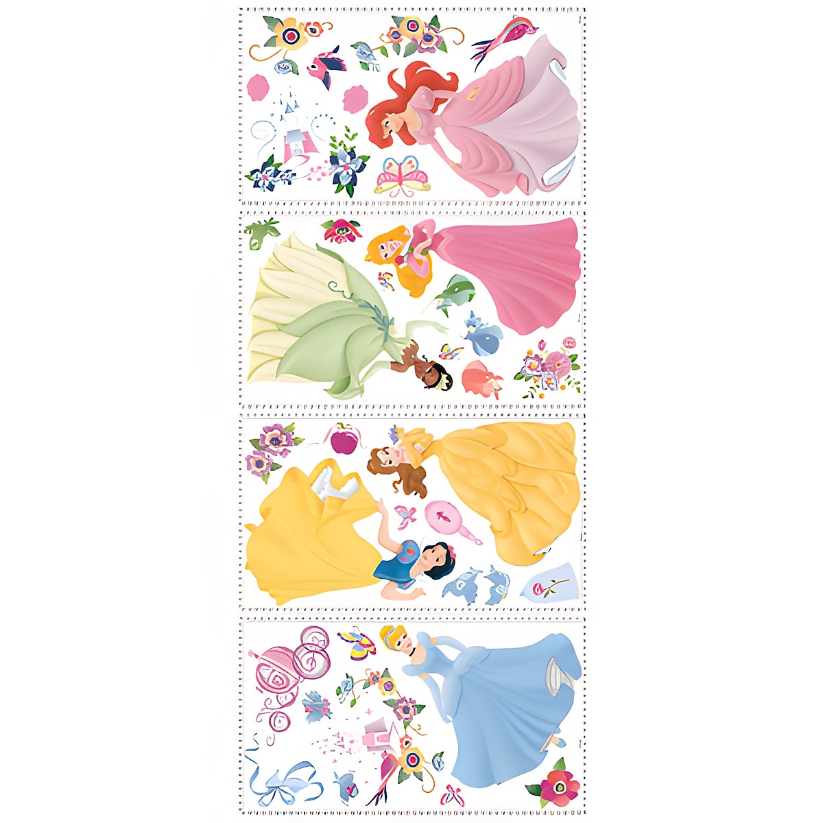 RoomMates Wandsticker Disney Princess, vier Klebebögen mit den Disney-Prinzessinnen-Motiven und Blumenverzierungen auf weißem Untergrund