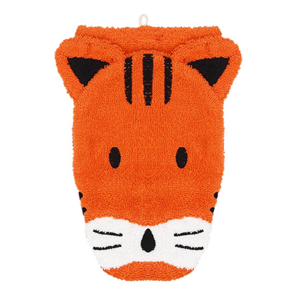 Fürnis organic washcloth tiger Theo, orange shape with black stripes, ears and white muzzle