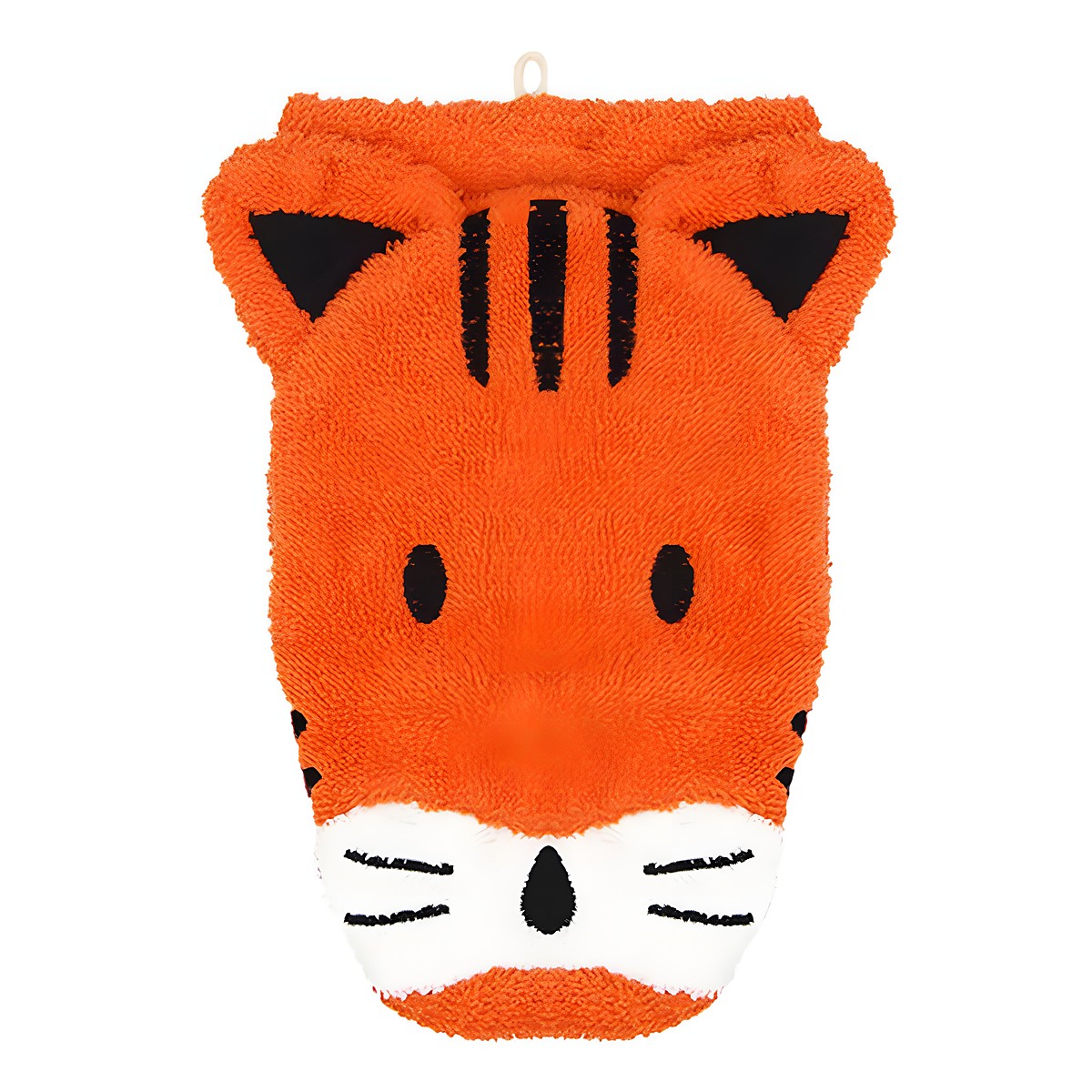 Fürnis Bio-Waschlappen Tiger Theo, orangefarbene Form mit schwarzen Streifen, Ohren und weißer Schnauze