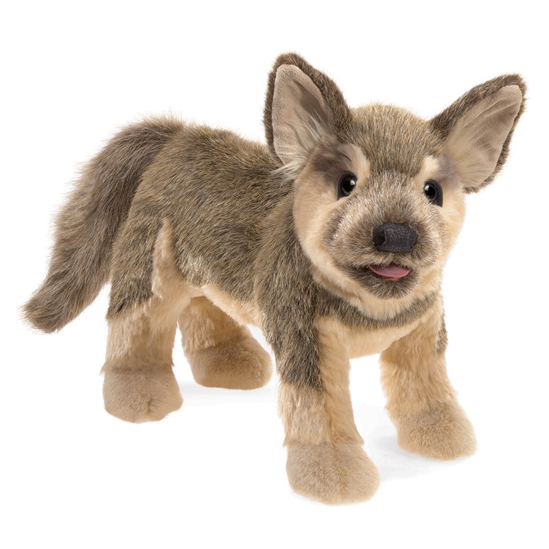 Folkmanis German Shepherd puppy hand puppet in brown and beige, standing, with tongue out, angled view
