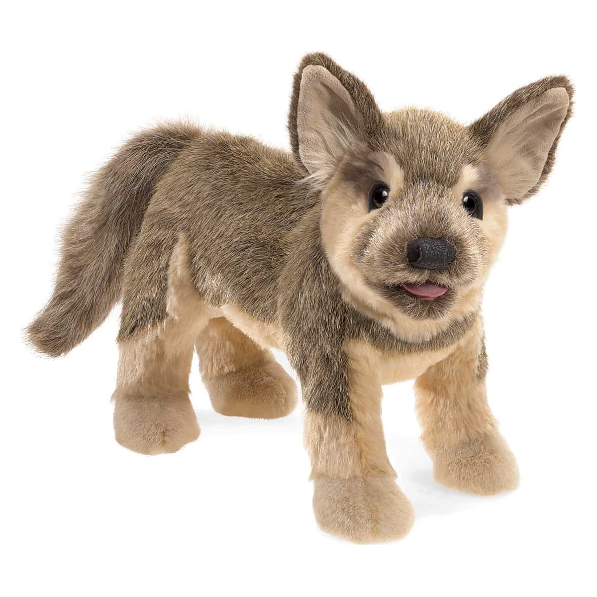 Folkmanis Handpuppe Schäferhundwelpe in Braun-Beige, stehend, mit herausgestreckter Zunge, Schrägansicht