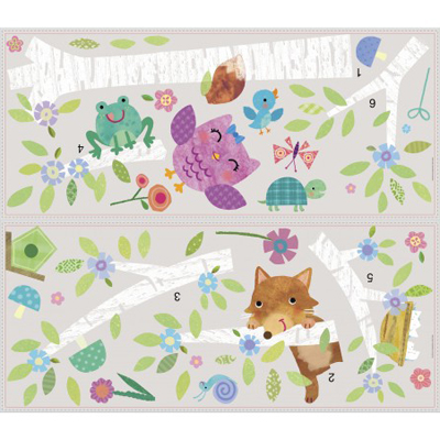 RoomMates wall decal Woodland Baby Animals Tree, two decal sheets with owl, frog, fox and butterfly motifs on a grey background