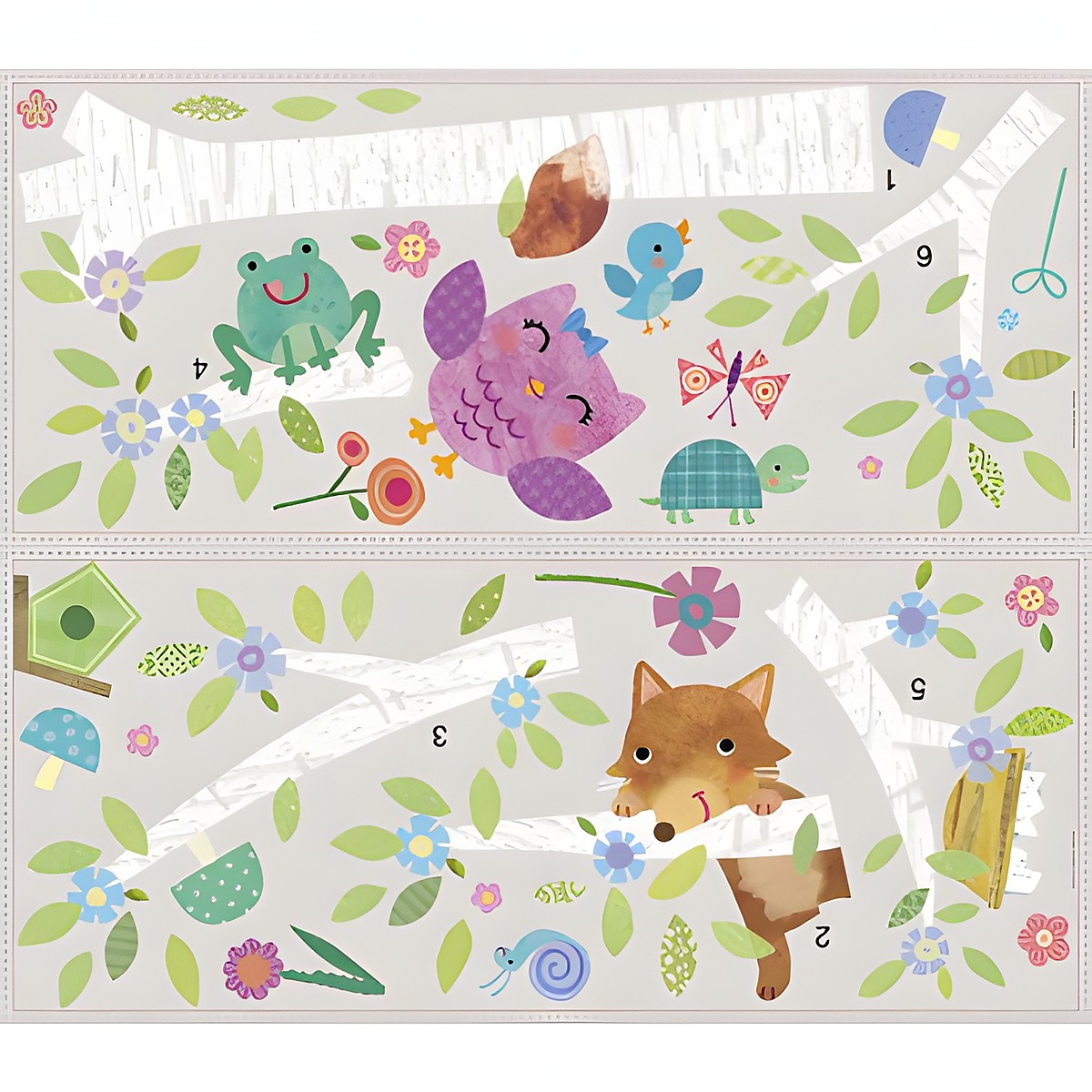 RoomMates wall decal Woodland Baby Animals Tree, two decal sheets with owl, frog, fox and butterfly motifs on a grey background