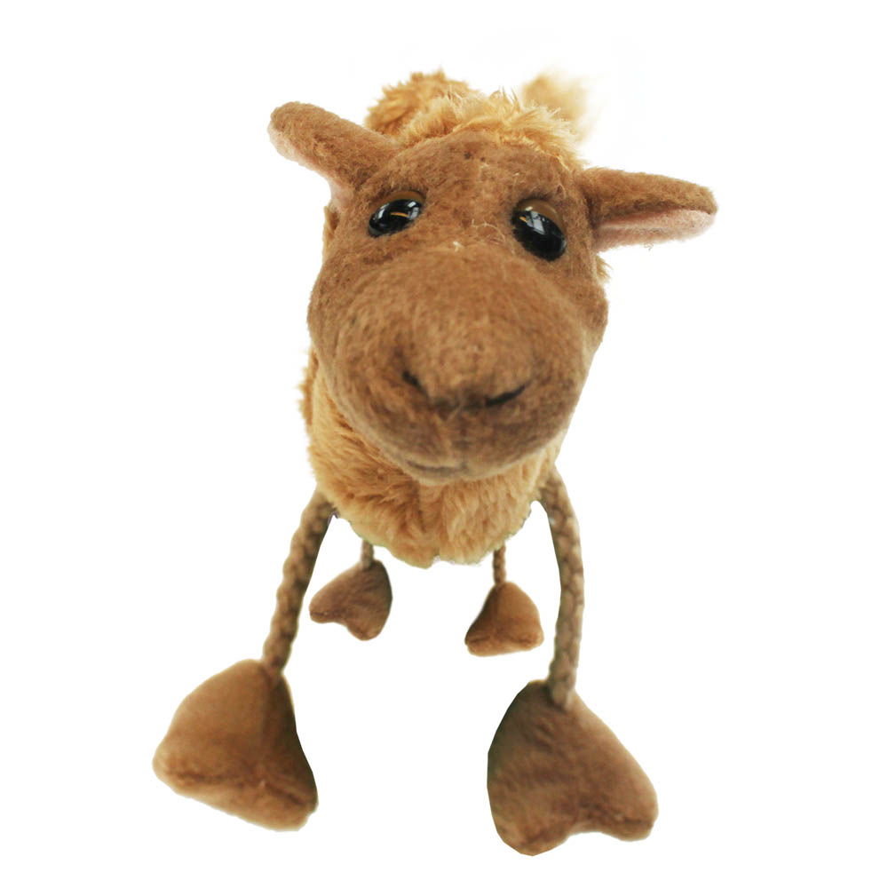 The Puppet Company finger puppet camel, beige camel with long fabric legs, front view