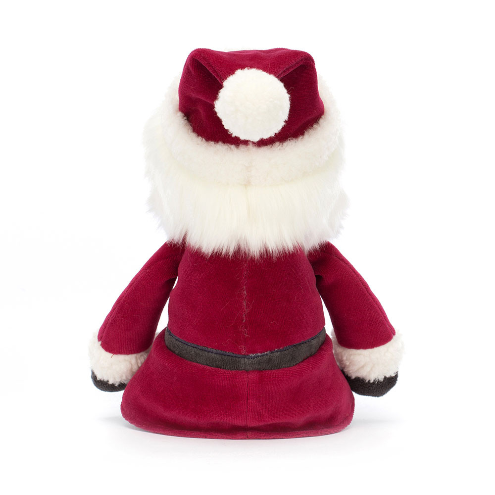 Jellycat Santa Claus Jolly Santa, back view with a red pointed hat and white fur trim
