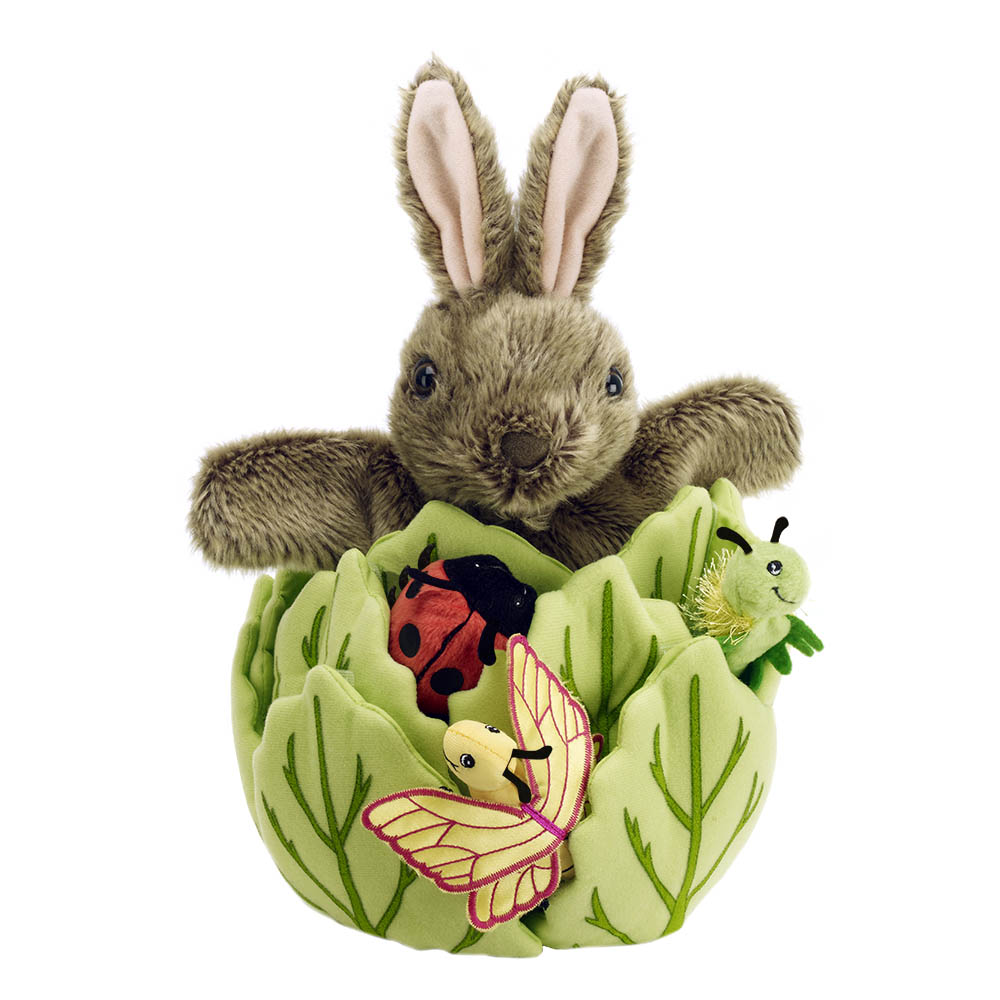 Hand puppet rabbit in a lettuce with 3 finger puppets - Puppet Company
