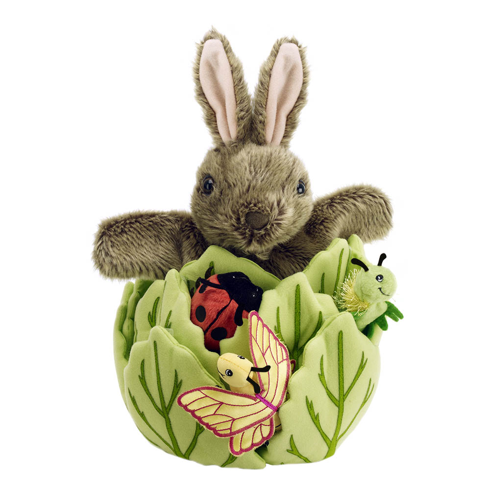 Hand puppet rabbit in a lettuce with 3 finger puppets - Puppet Company Hand puppet rabbit in a lettuce with 3 finger puppets - Puppet Company