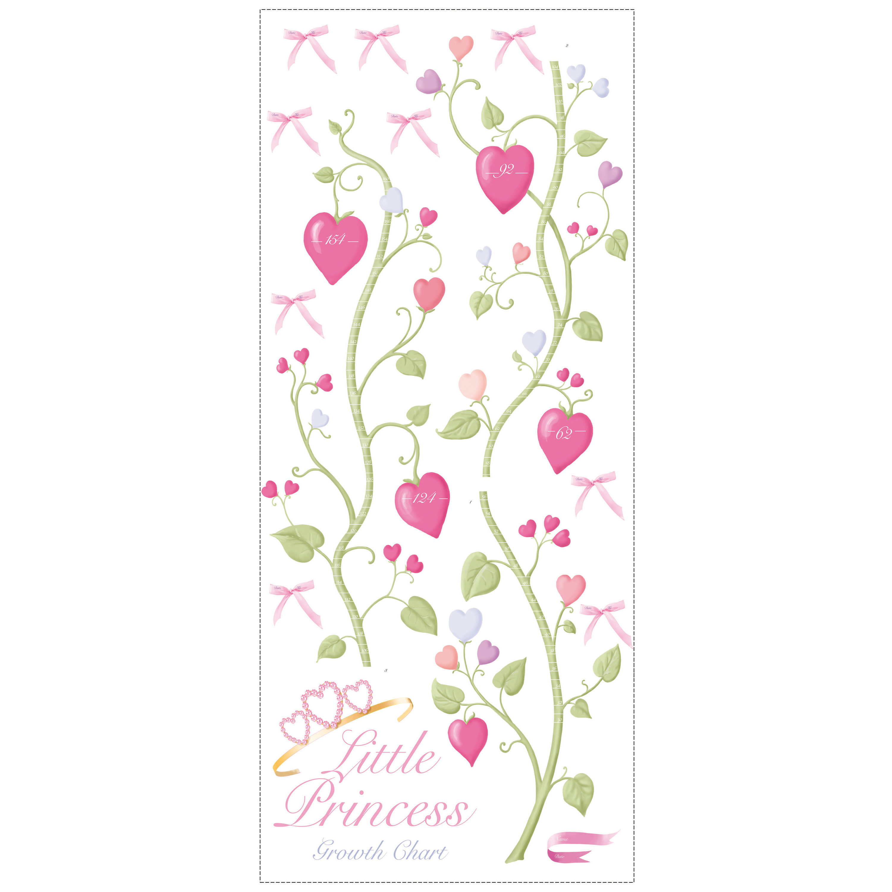 RoomMates Messlatte Little Princess, Nahaufnahme der Herzenblüten-Ranke mit Little-Princess-Schriftzug, Hand löst ein Motiv vom Trägerbogen
