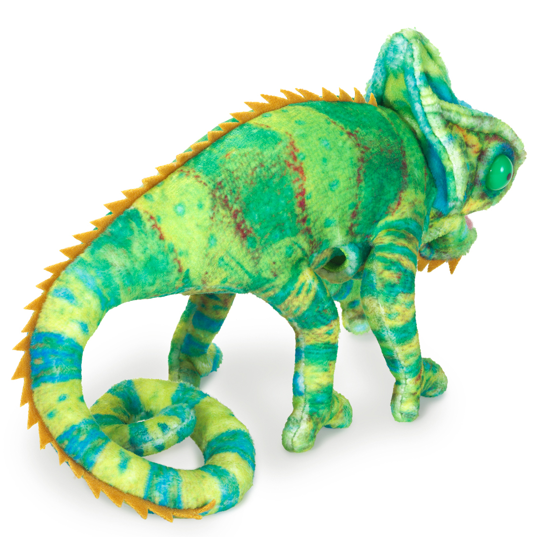 Folkmanis mini chameleon finger puppet in green-yellow with an orange dorsal crest and a curled tail, shown at an angle