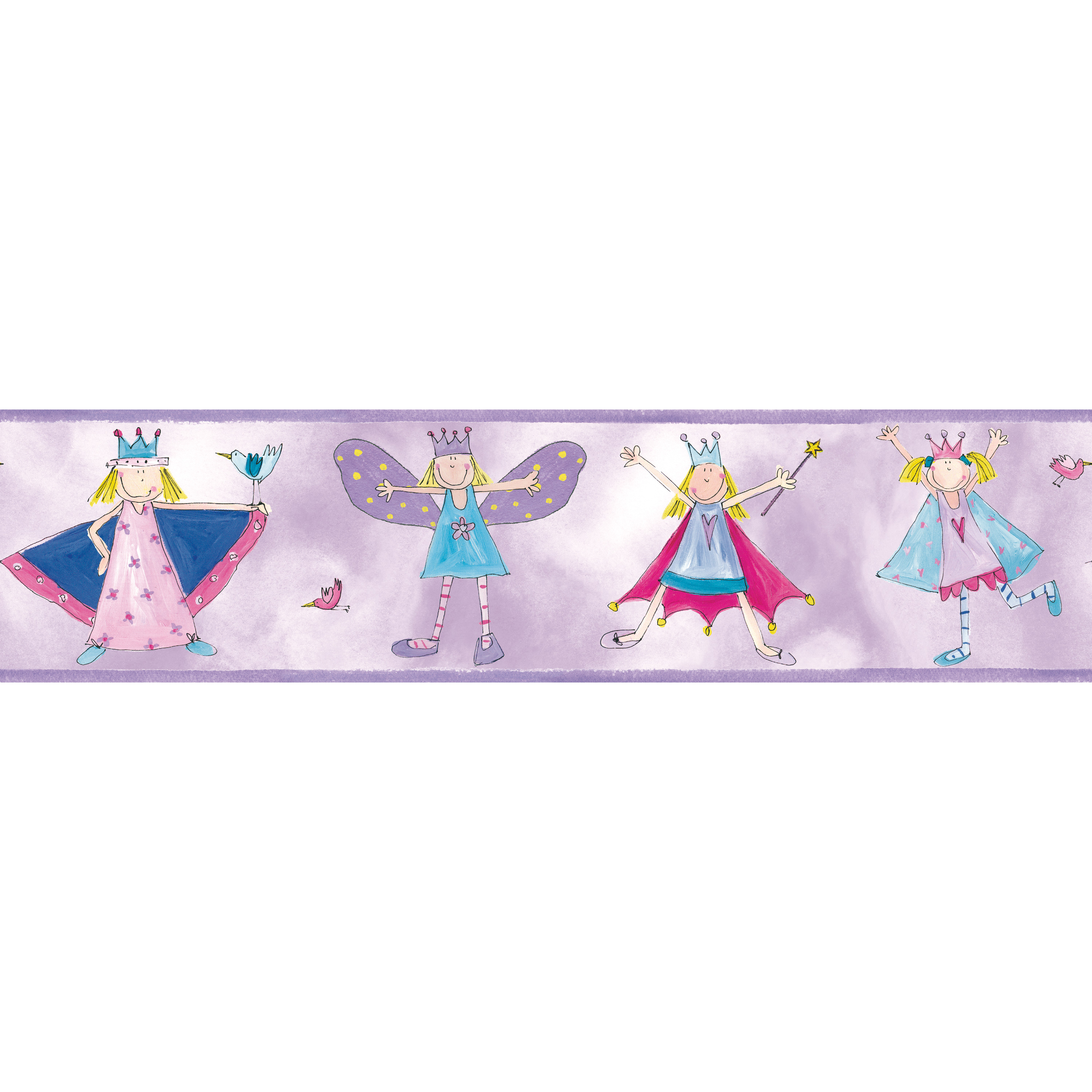 RoomMates Bordüre Fairy Princess, Nahaufnahme des lila Bordürenstreifens mit Feen-Motiven auf violettem Grund
