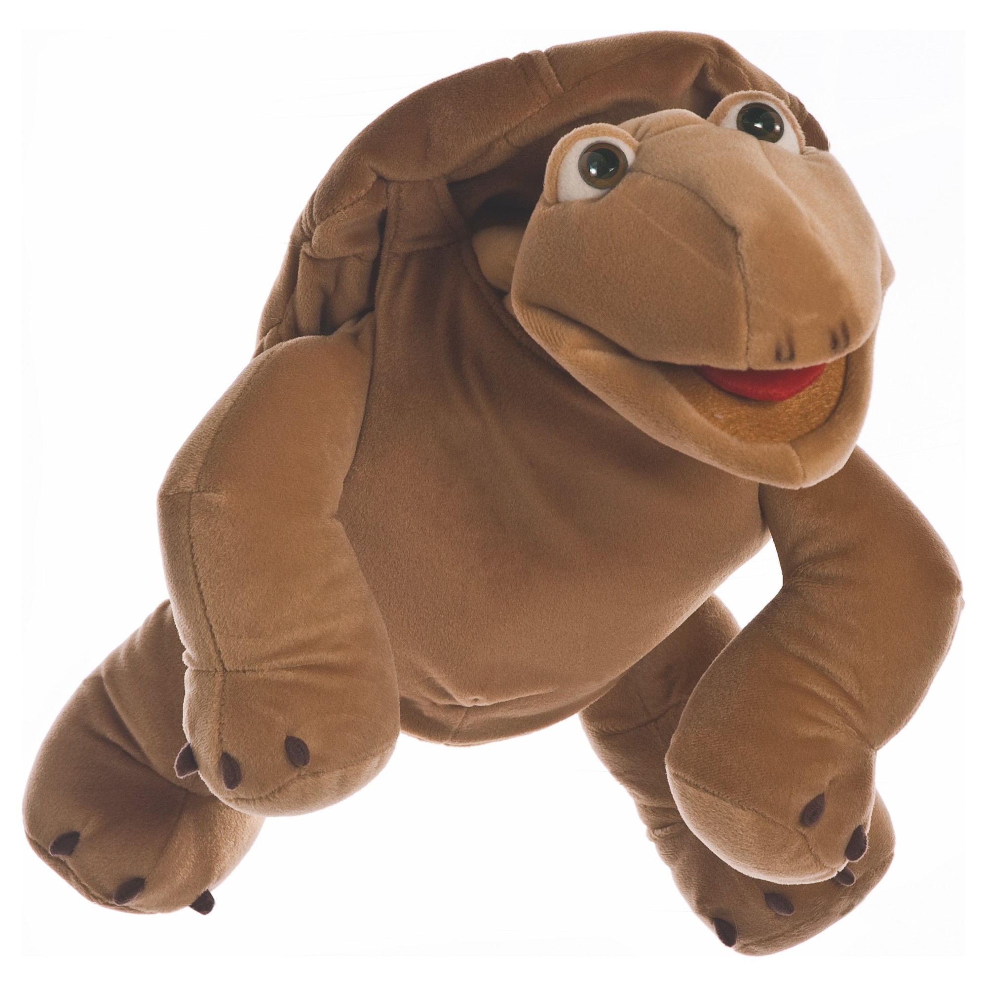 Living Puppets hand puppet Sammy the turtle with a light brown shell, green eyes and an open mouth in a crawling pose