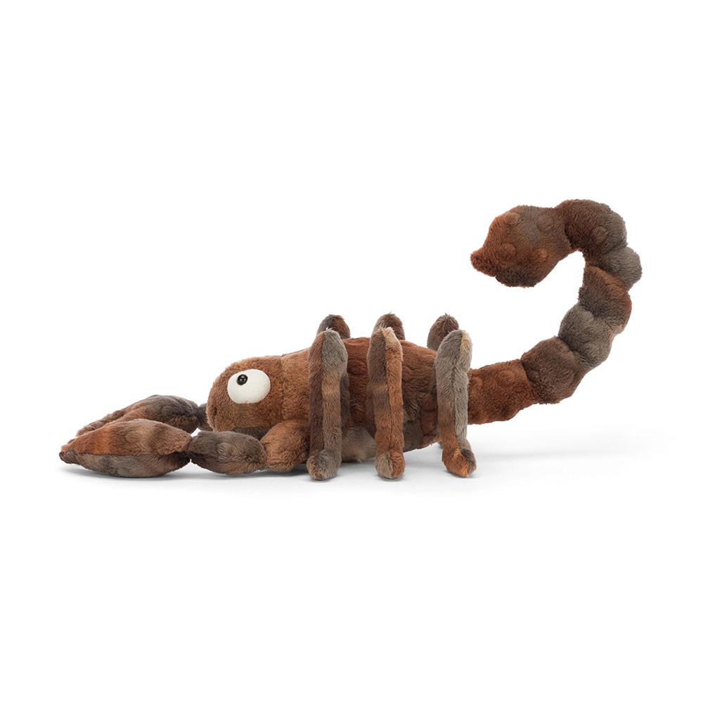 Jellycat plush toy scorpion Simon Scorpion, brown plush toy with a raised tail, side view
