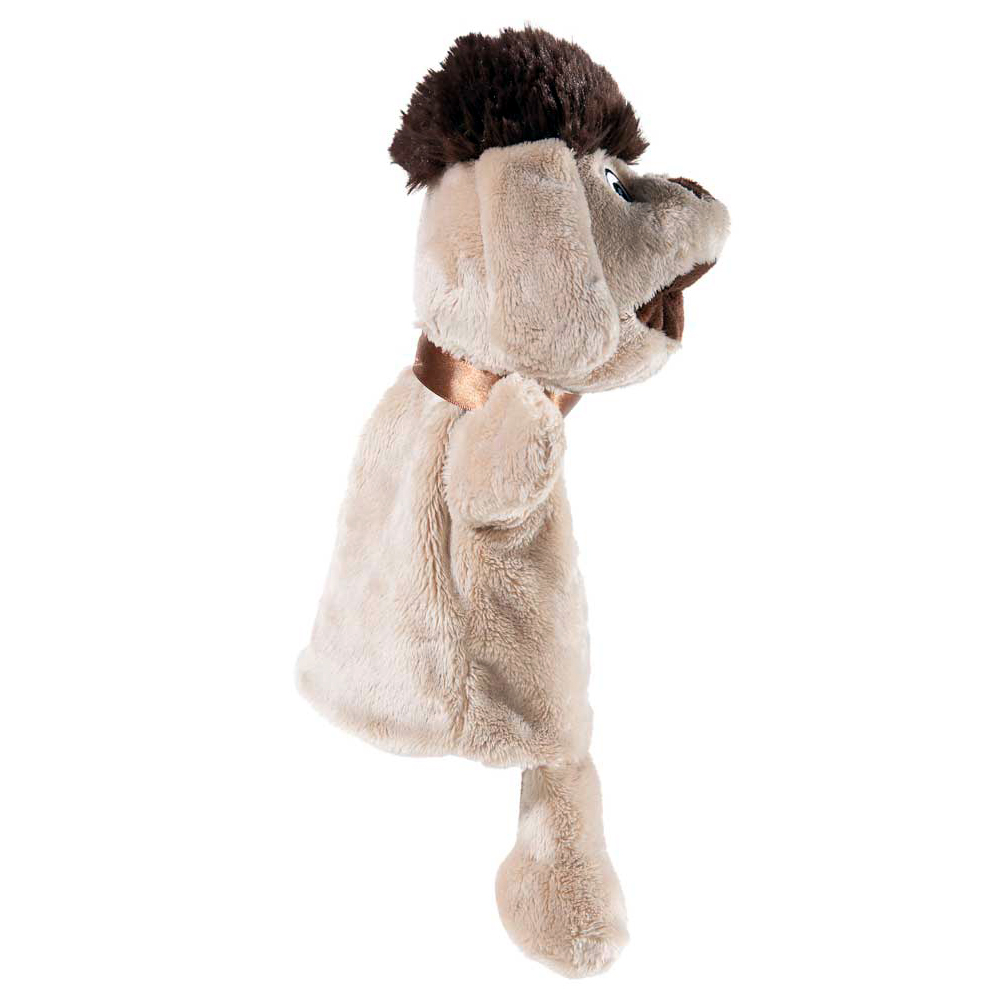 Heunec hand puppet dog Moppi, beige plush puppet in profile with brown hair tuft and floppy ear