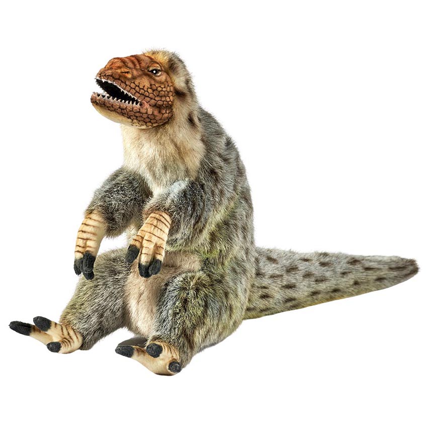 Yutyrannus Handpuppe von Hansa Creation mit geflecktem graubraunem Federkleid und geöffnetem Maul