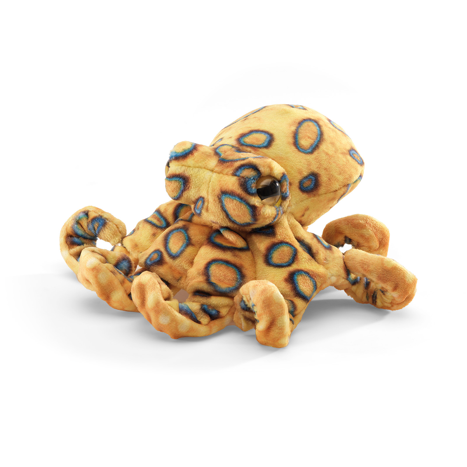 Folkmanis Fingerpuppe mini blaugeringelte Krake in Goldocker mit charakteristischen blauen Ringen, alle acht Tentakel ausgestreckt, Schrägansicht