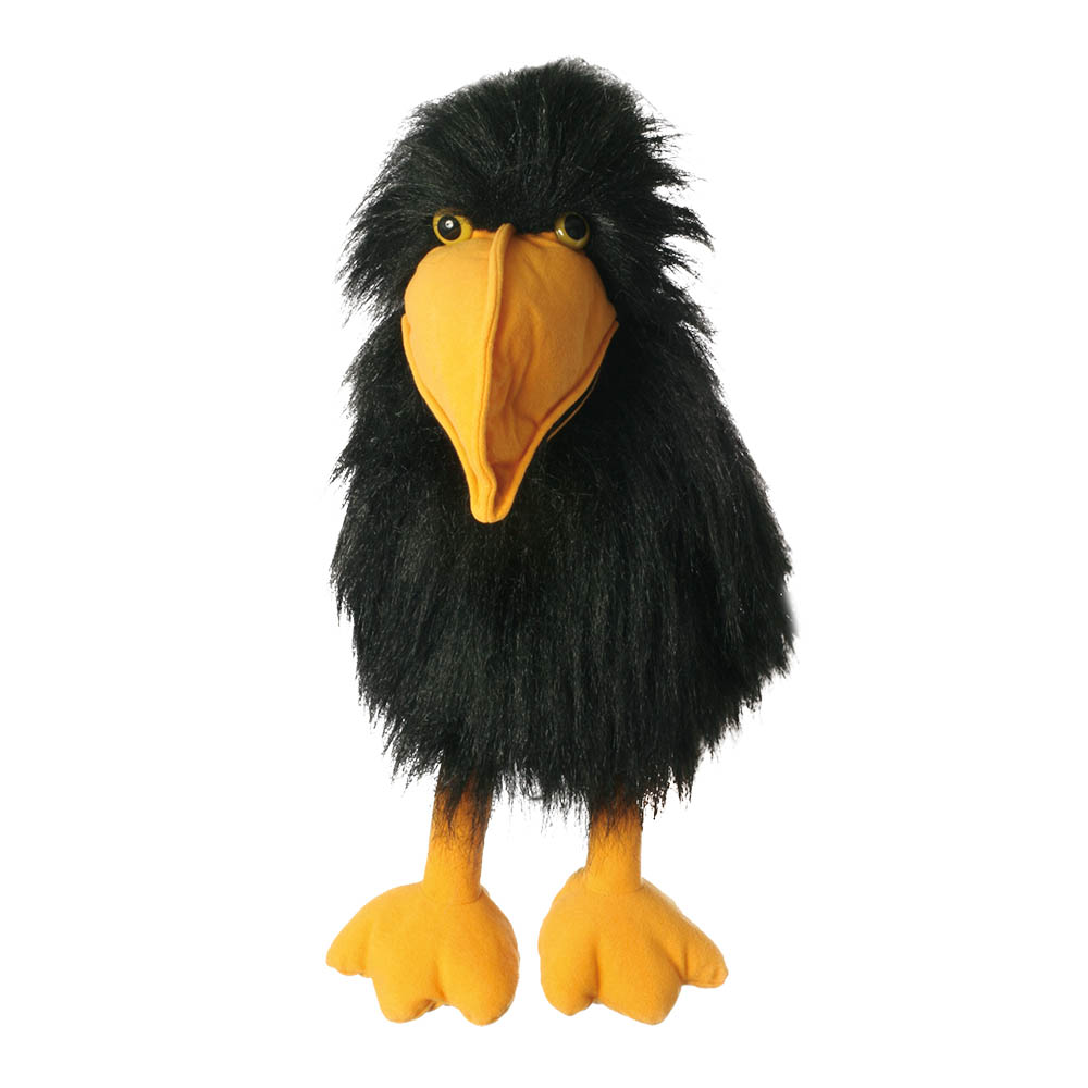 The Puppet Company Handpuppe Rabe mit Geräusch, schwarze Krähe mit zerzaustem Gefieder, gelbem Schnabel und gelben Füßen