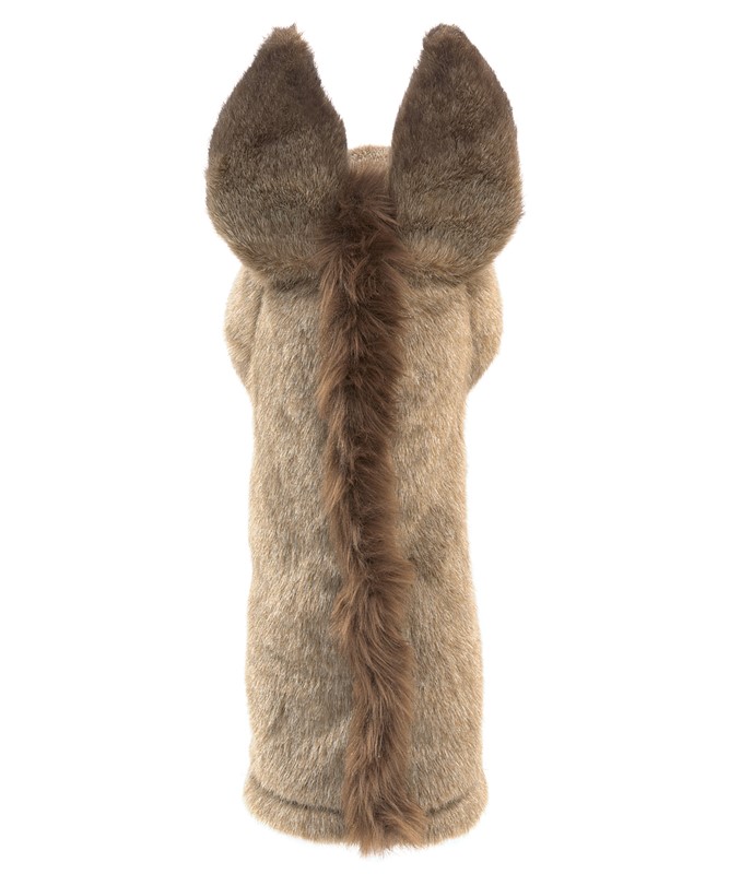 Folkmanis donkey hand puppet in beige-brown faux fur, back view with dark mane and upright ears