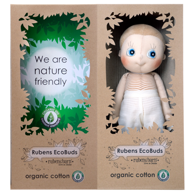 Verpackung der Rubens EcoBuds Puppe Aspen aus Bio-Baumwolle im Naturkarton