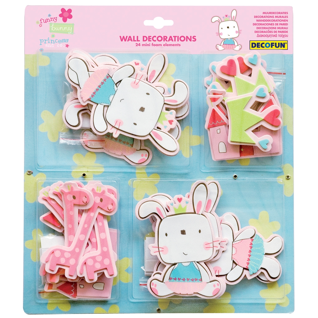 decofun Mini-Wanddekoration Funny Bunny Verpackung, 24 Mini-Schaumstoffelemente mit Häschen, Schloss und Giraffe auf Blisterkarte