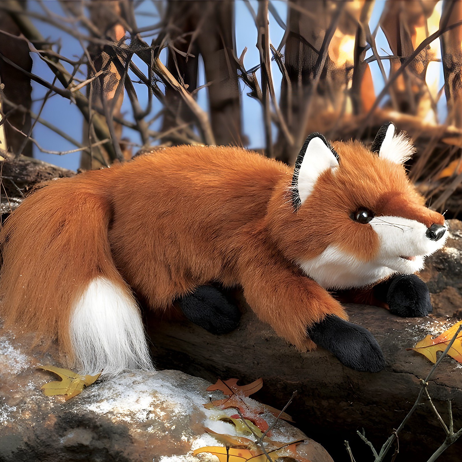 Folkmanis Handpuppe kleiner Rotfuchs in lauernder Pose auf einem Stein, rotbraunes Fell mit weißer Schwanzspitze und schwarzen Pfoten