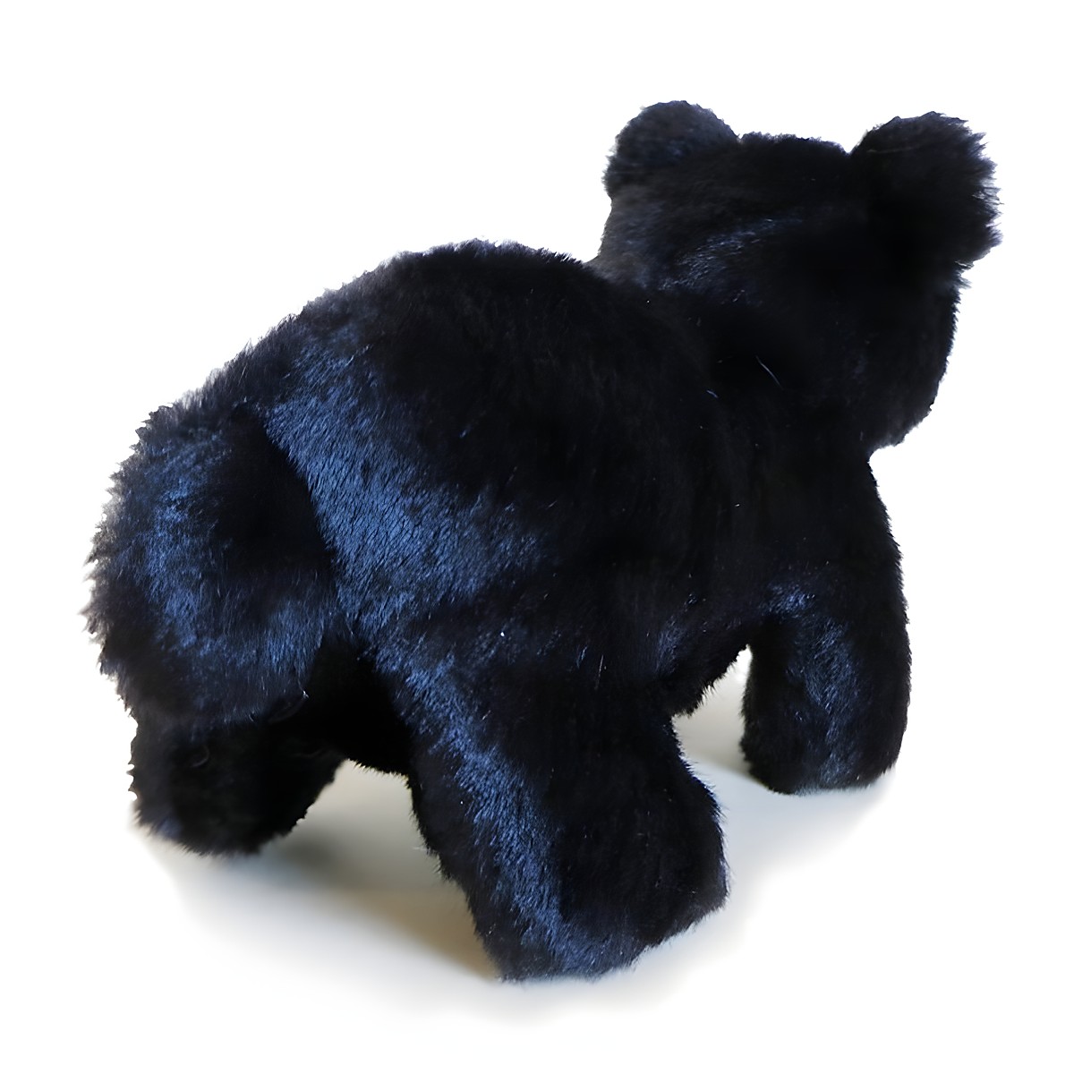 Folkmanis Fingerpuppe mini Schwarzbär in schwarzem Plüsch, stehend in Schrägansicht von hinten