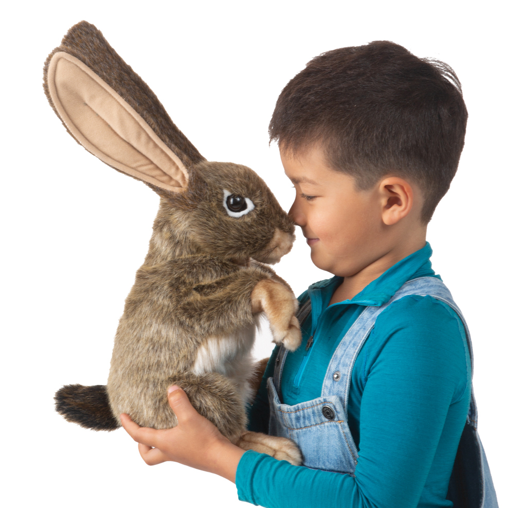 Folkmanis jack rabbit hand puppet with long upright ears, brown-grey fur and white belly, held by a child on a white background