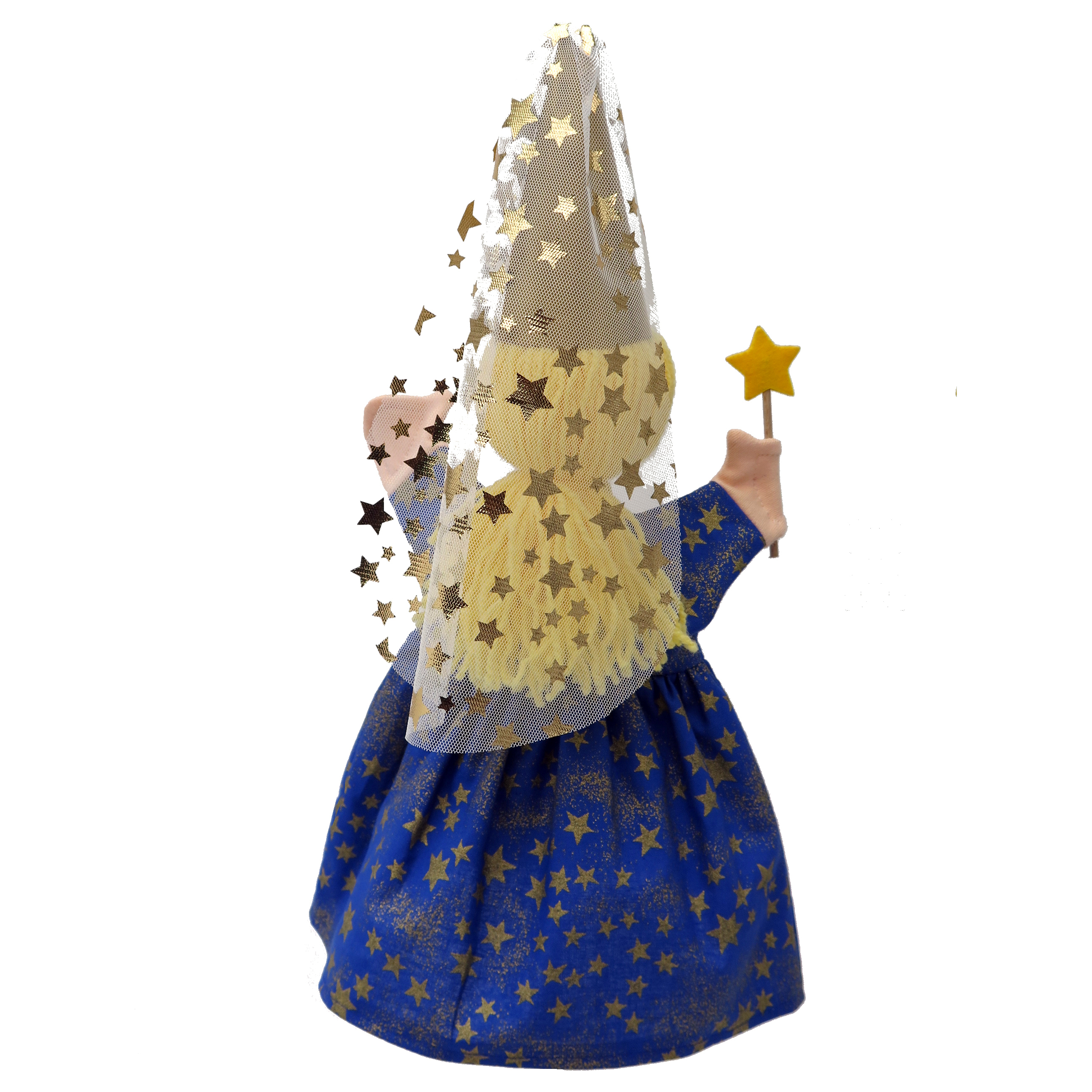 Kasperlepuppe Mitternachtsfee von munabo in der Rückansicht mit Sternenschleier und blauem Sternenkleid