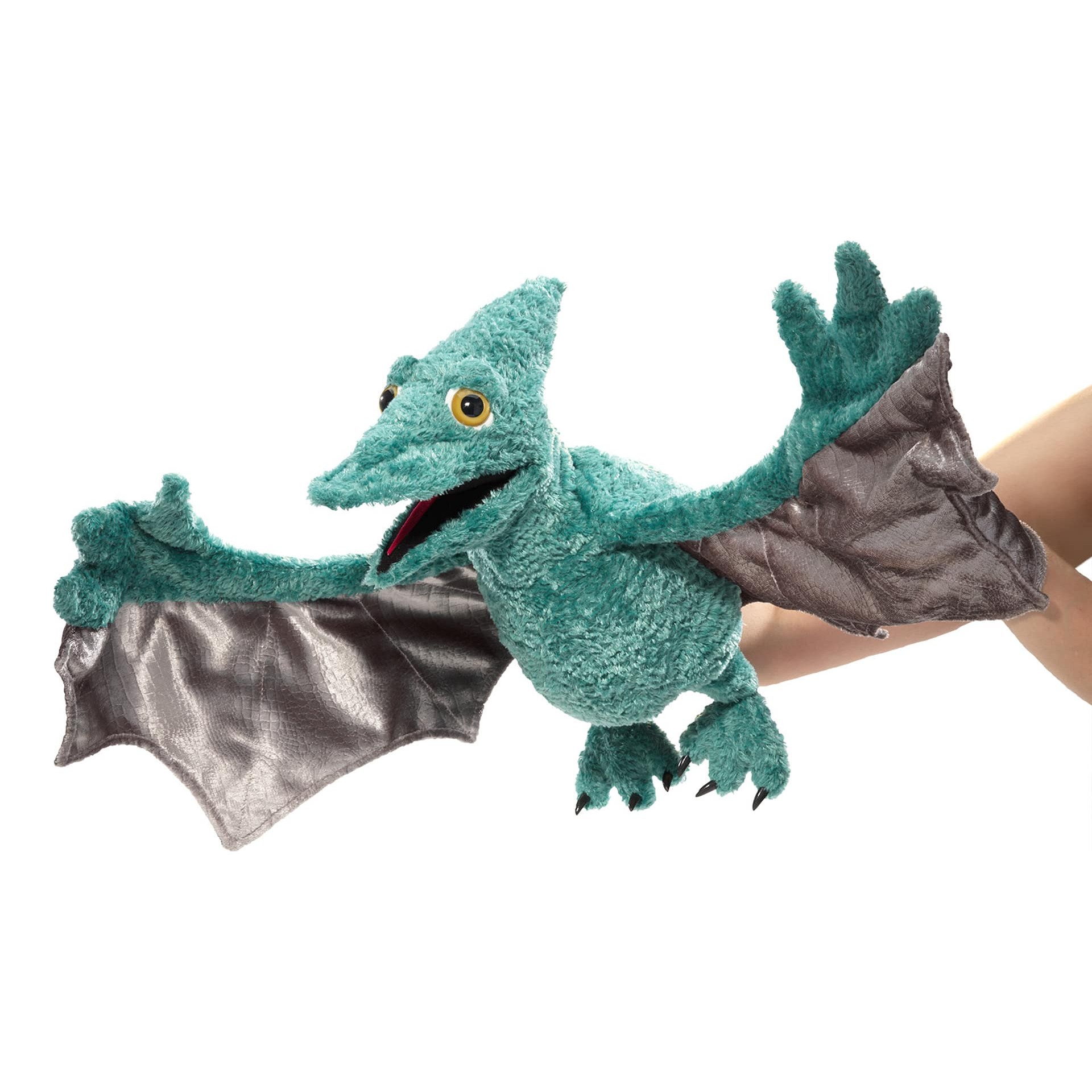 Folkmanis pterodactyl hand puppet in turquoise with outstretched wings in grey satin fabric, open mouth and claws