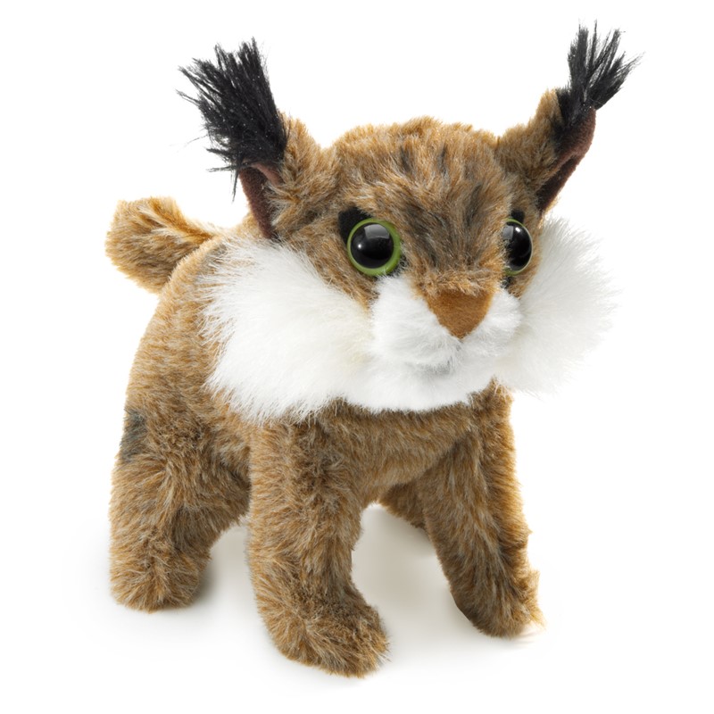 Folkmanis Fingerpuppe mini Rotluchs mit braun-gemustertem Fell, weißem Backenbart, grünen Augen und schwarzen Ohrpinseln, stehend