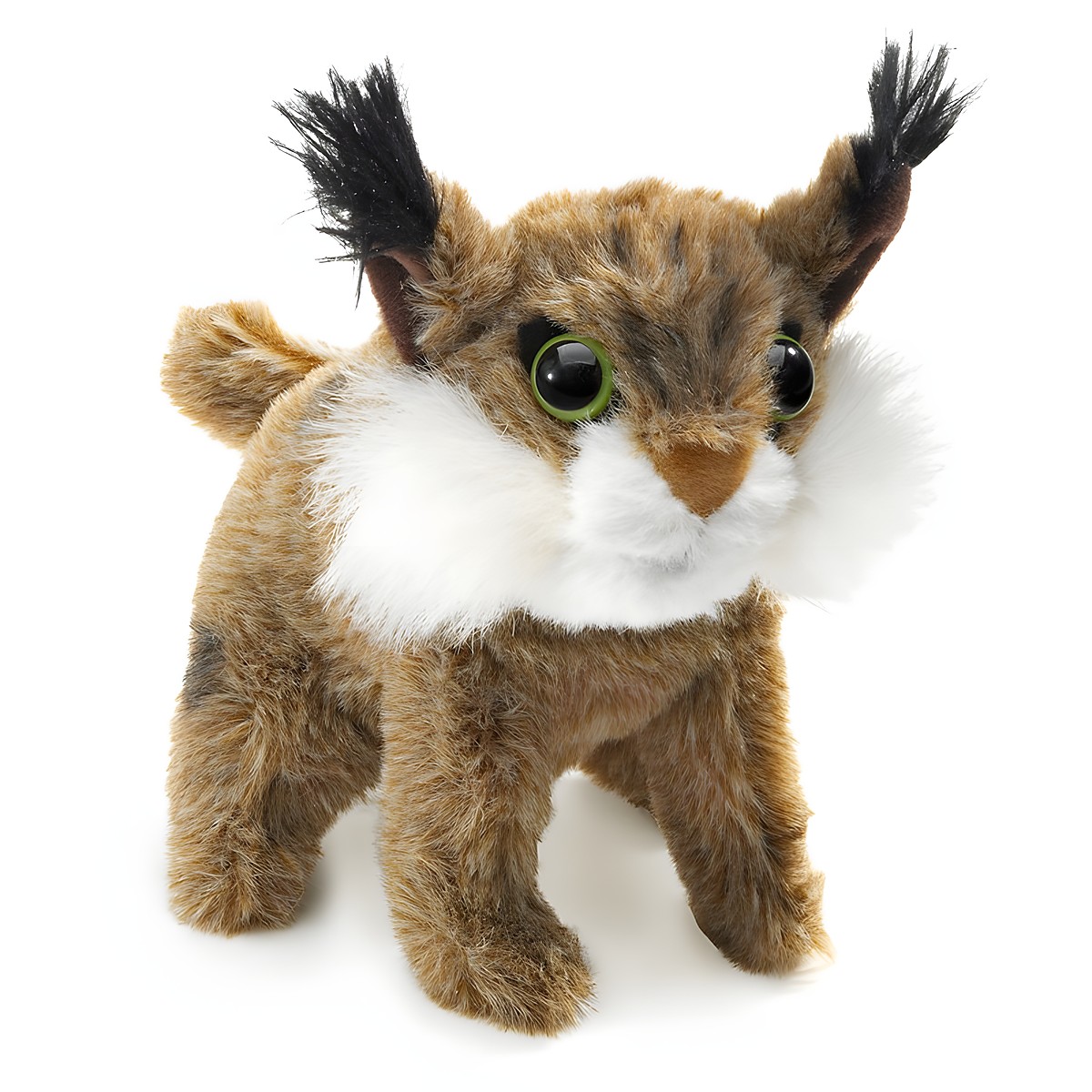 Folkmanis mini lynx finger puppet with brown-patterned fur, white cheek ruff, green eyes and black ear tufts, standing