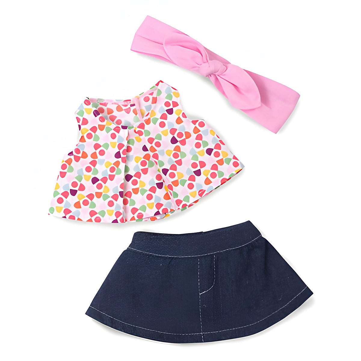 Wechselkleidung Sommer für Rubens Cutie Puppen: gemustertes Top, Jeansrock und rosa Haarband