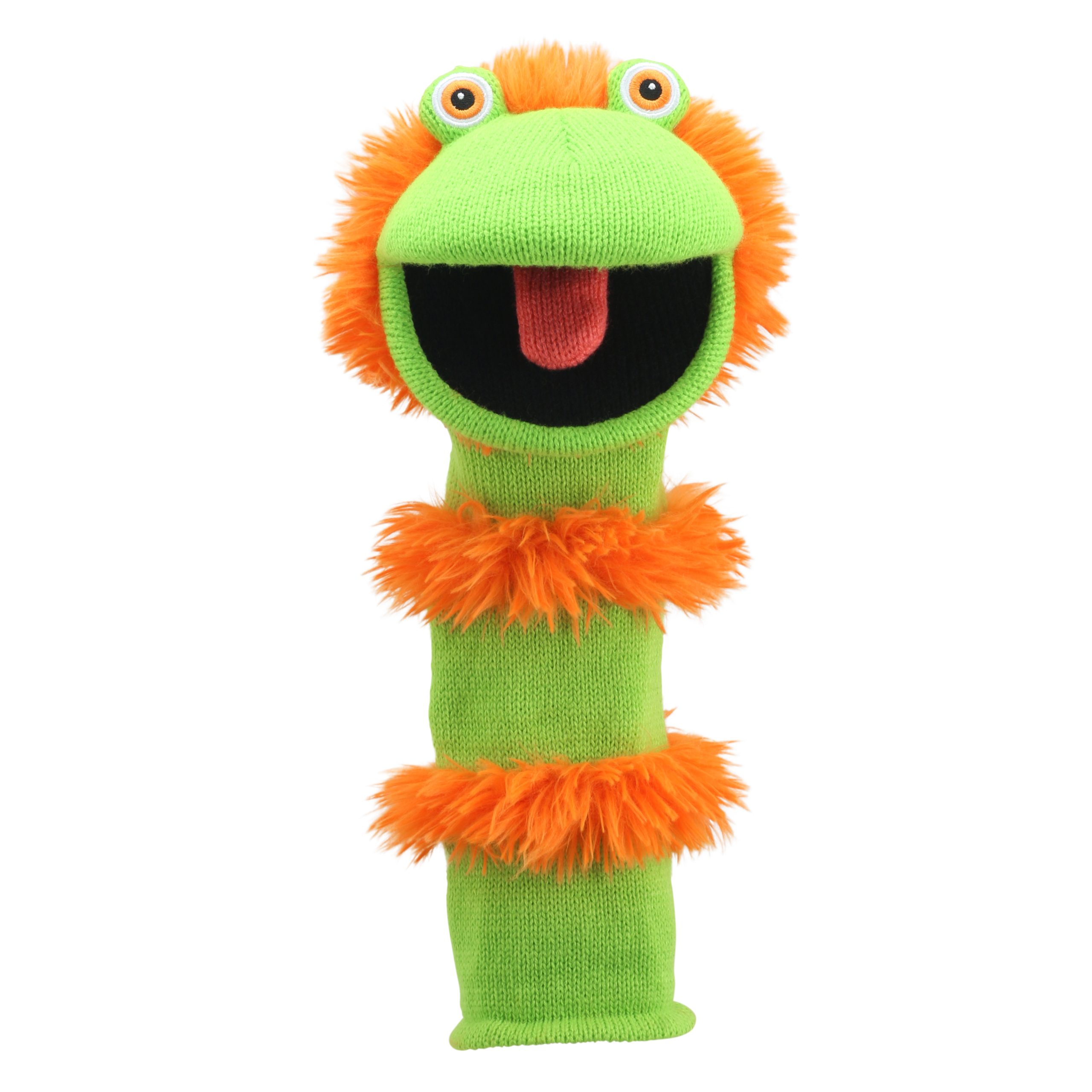 The Puppet Company Sockenhandpuppe Ginger, grünes Monster mit orangefarbenem Fellkragen und weit aufgerissenem Maul