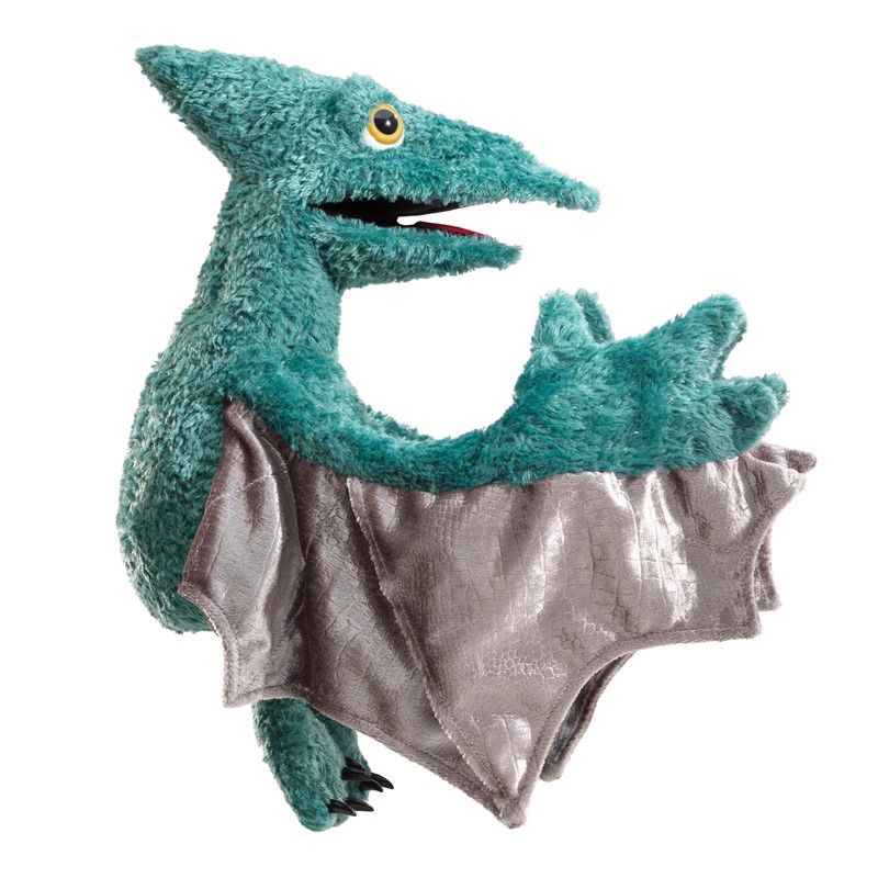 Folkmanis Handpuppe Flugsaurier in Türkis-Grün mit beweglichem Maul, ausgebreiteten Flügeln aus grauem Stoff und schwarzen Krallen, Seitenansicht