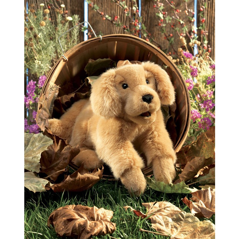 Folkmanis Handpuppe Golden Retriever Welpe in goldenem Plüsch, aus einem Weidenkorb lugend, umgeben von Herbstlaub