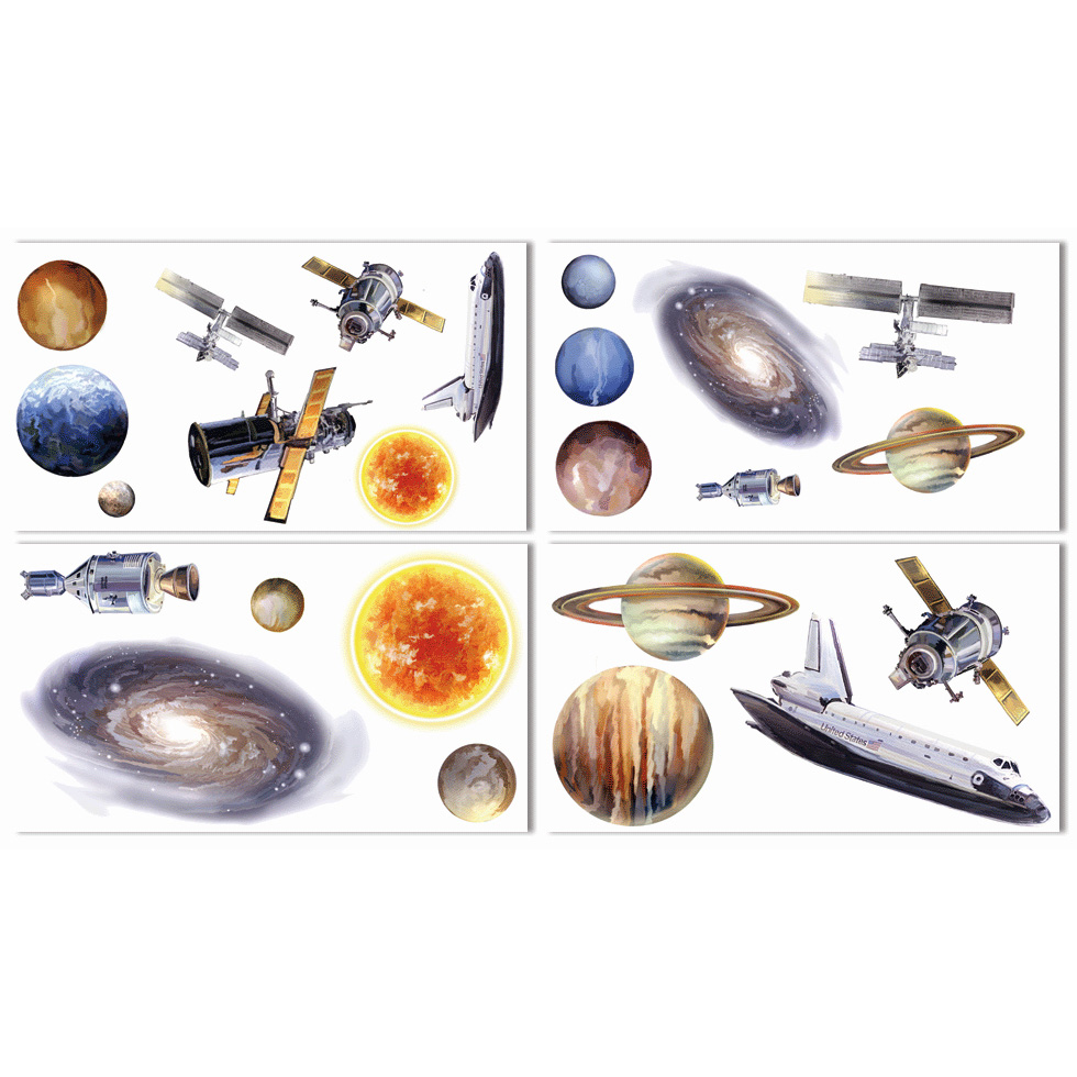 RoomMates Wandsticker Space Travel, vier Klebebögen mit fotorealistischen Planeten-, Raumfähren- und Galaxienmotiven auf weißem Untergrund