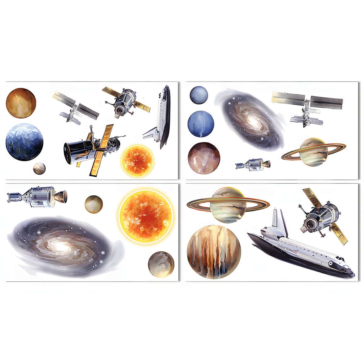 RoomMates wall decal Space Travel, four decal sheets with photorealistic planet, space shuttle and galaxy motifs on a white background