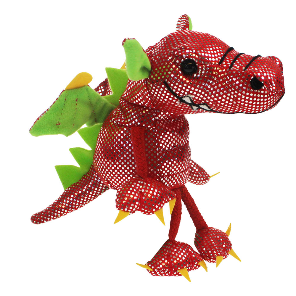 The Puppet Company Fingerpuppe Drache, glitzernd roter Drache mit grünen Flügeln, Seitenansicht