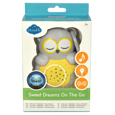 Cloud b Sweet Dreamz On The Go Eule, Verpackungsschachtel mit Abbildung der Eulenfigur und Symbolen für Klänge, Nachtlicht und Sensor