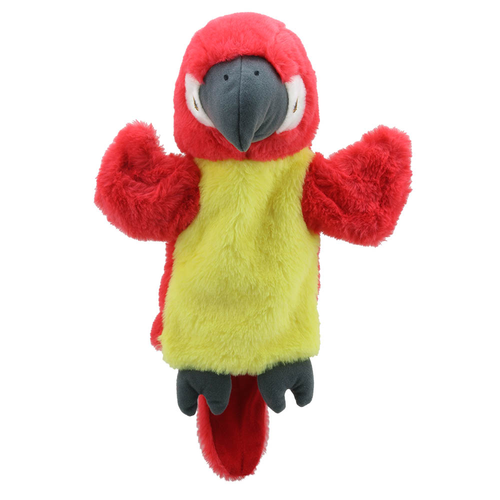 The Puppet Company baby hand puppet parrot, red macaw with outstretched wings and a yellow chest